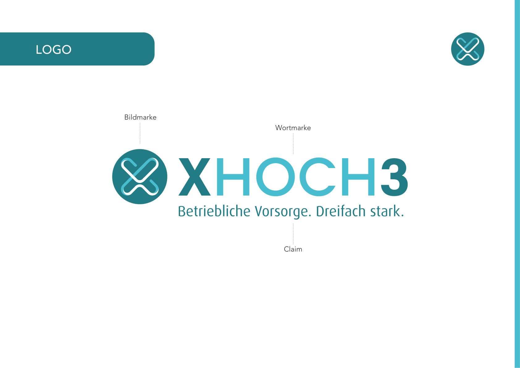 Aufbau des XHOCH3 Logos mit Bildmarke, Wortmarke und Claim
